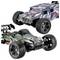 Two remote-controlled cars with rugged tires and detailed designs. The front car has green and gray patterns, the back car has a camouflaged look.