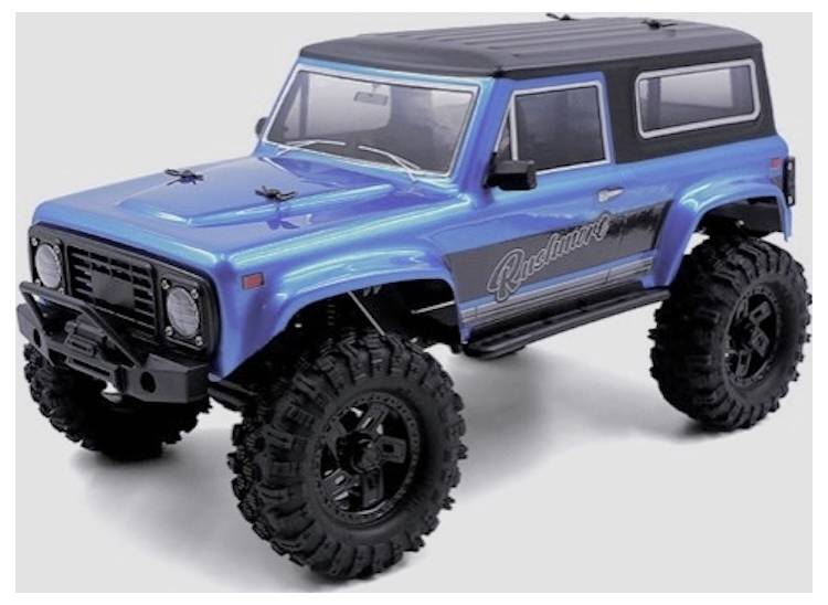 A blue RC off-road vehicle with large tires and a black roof features the word 'Resilient' on the side.