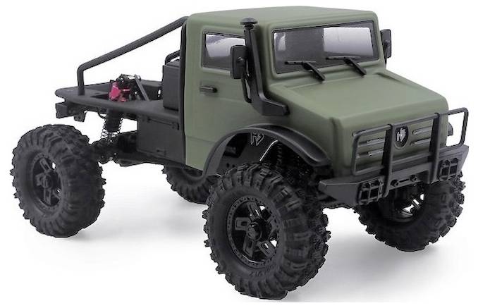 A green remote-controlled off-road vehicle with large tires and an exposed rear chassis, designed for rugged terrain.