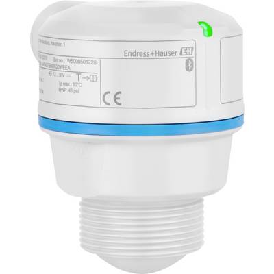 A white industrial sensor with a blue band and connection threads at the bottom, used for monitoring processes like temperature or pressure.