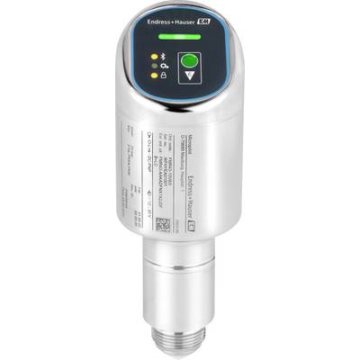 A digital pressure sensor by Endress+Hauser, featuring a metallic cylindrical shape with a black display showing indicator lights and buttons.