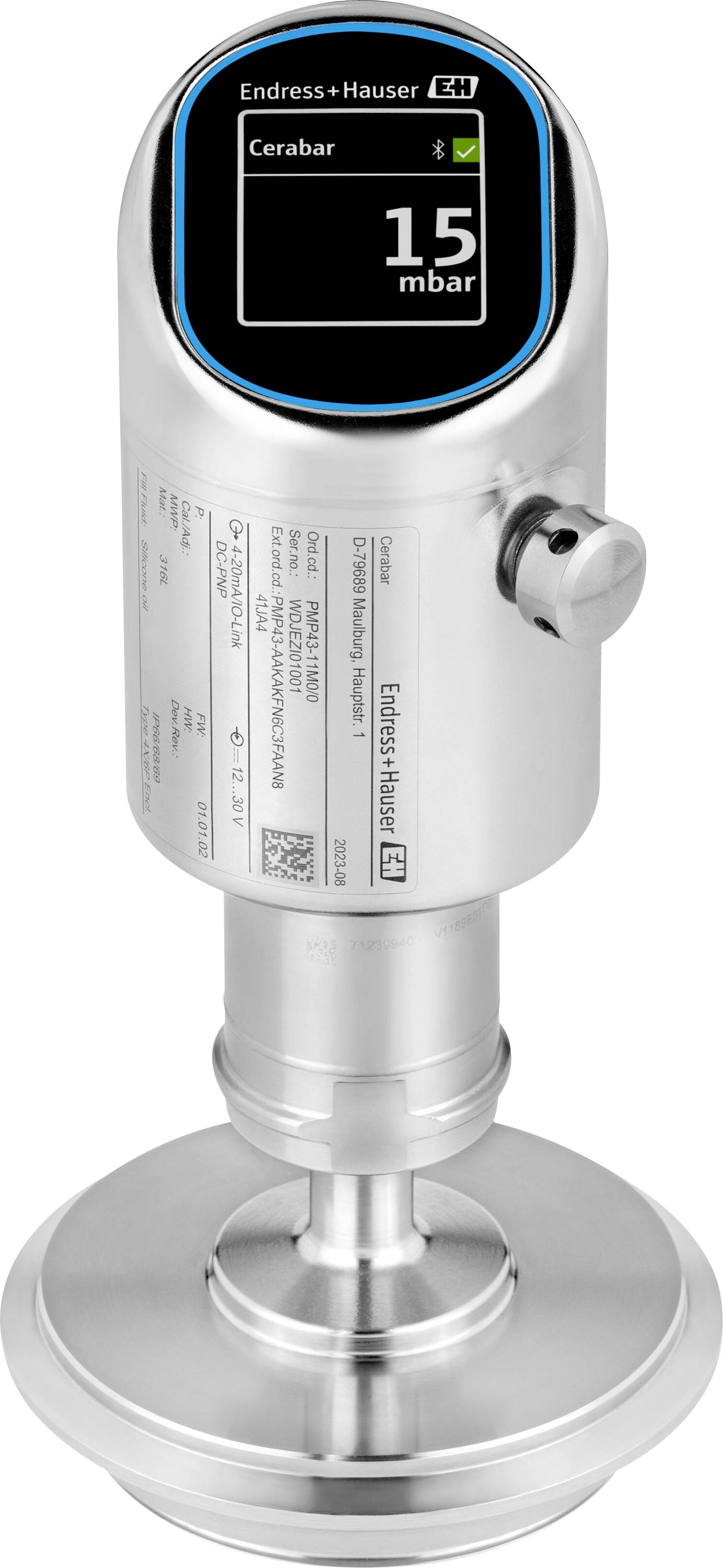 A close-up of a cylindrical pressure sensor displaying '15 mbar' on a digital screen, labeled with 'Endress+Hauser Cerabar'.