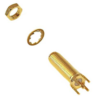 A gold RF connector with separated components including a nut and washer shown against a white background.