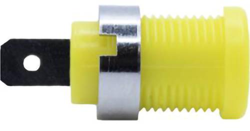 A yellow plastic component with a black flat metal prong and a silver metal ring.