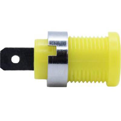 A yellow plastic component with a black flat metal prong and a silver metal ring.