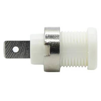 A white RF connector with a metal pin protruding from one end, featuring a threaded section for mounting, commonly used in electronics.