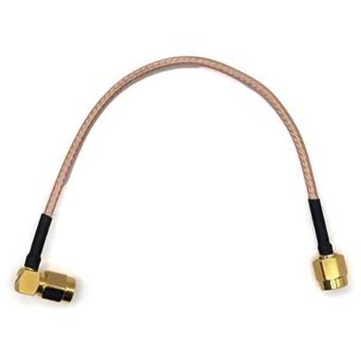A pink coaxial cable with gold-plated connectors at each end, slightly bent in an arc shape, used for electrical or signal connections.