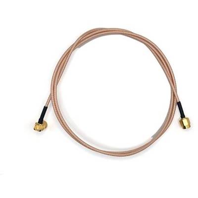 A coaxial cable with gold-plated connectors on each end, used for transmitting radio frequency signals, shown coiled.