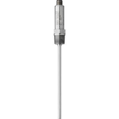 Metal industrial probe sensor with threaded fittings and a long slender stainless steel stem on a white background.