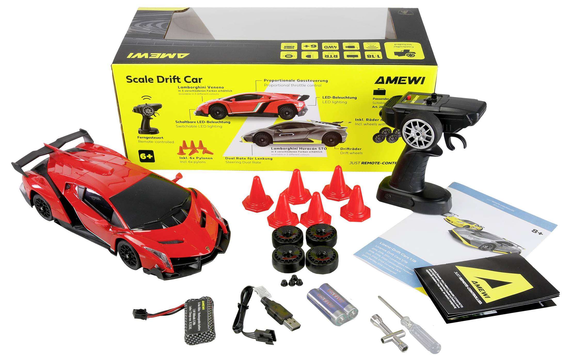 'Scale Drift Car' set includes a red toy car, remote control, extra tires, battery, USB cable, and manual, ideal for ages 6 and up.