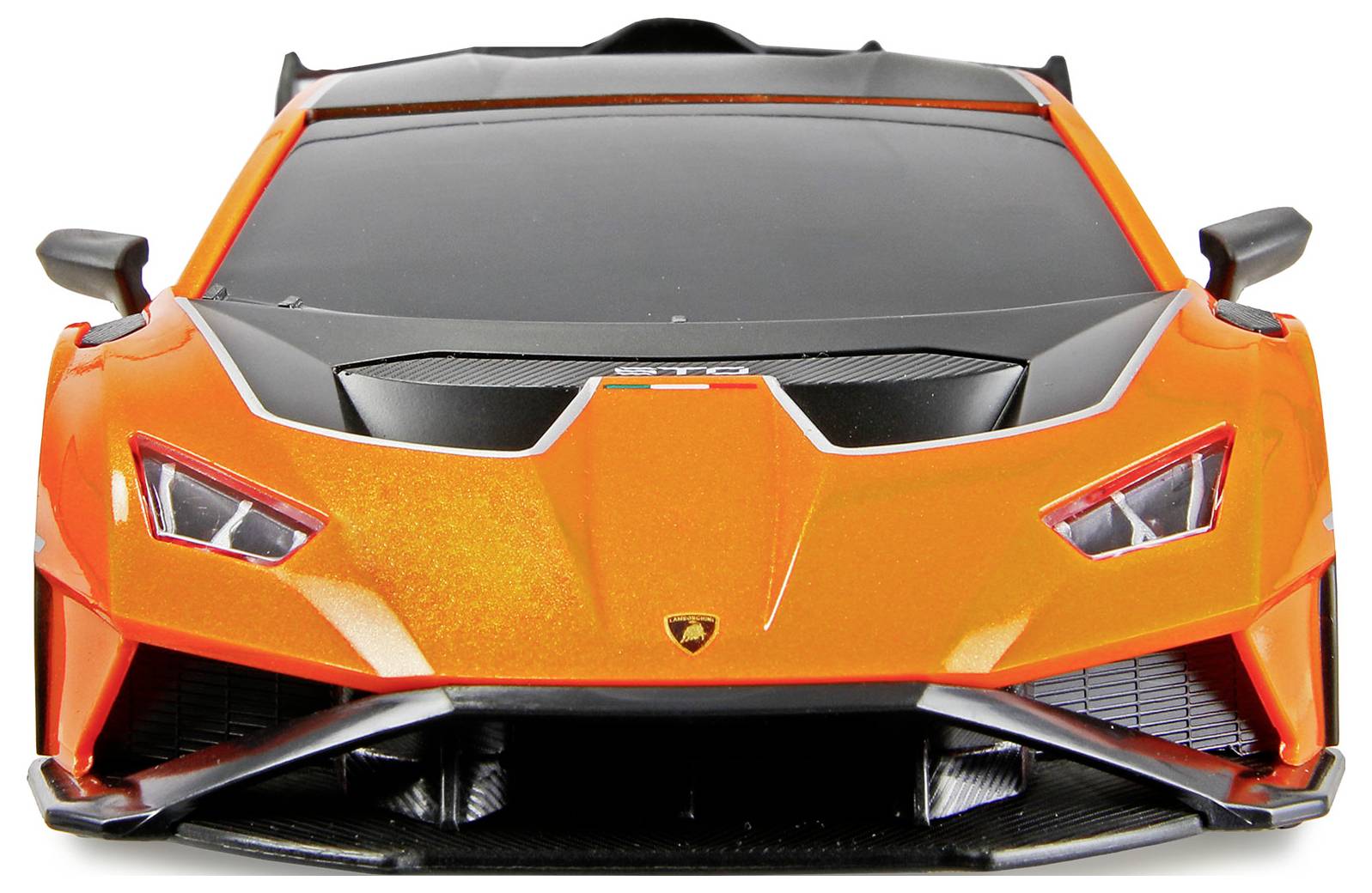 Front view of an orange sports car model with black accents, displaying an aggressive design with sharp angles and sleek lines.