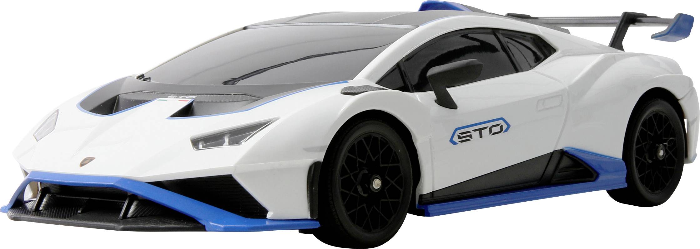 A sleek white and blue sports car toy with black wheels and an aerodynamic design, showcasing a modern, racing-inspired appearance.