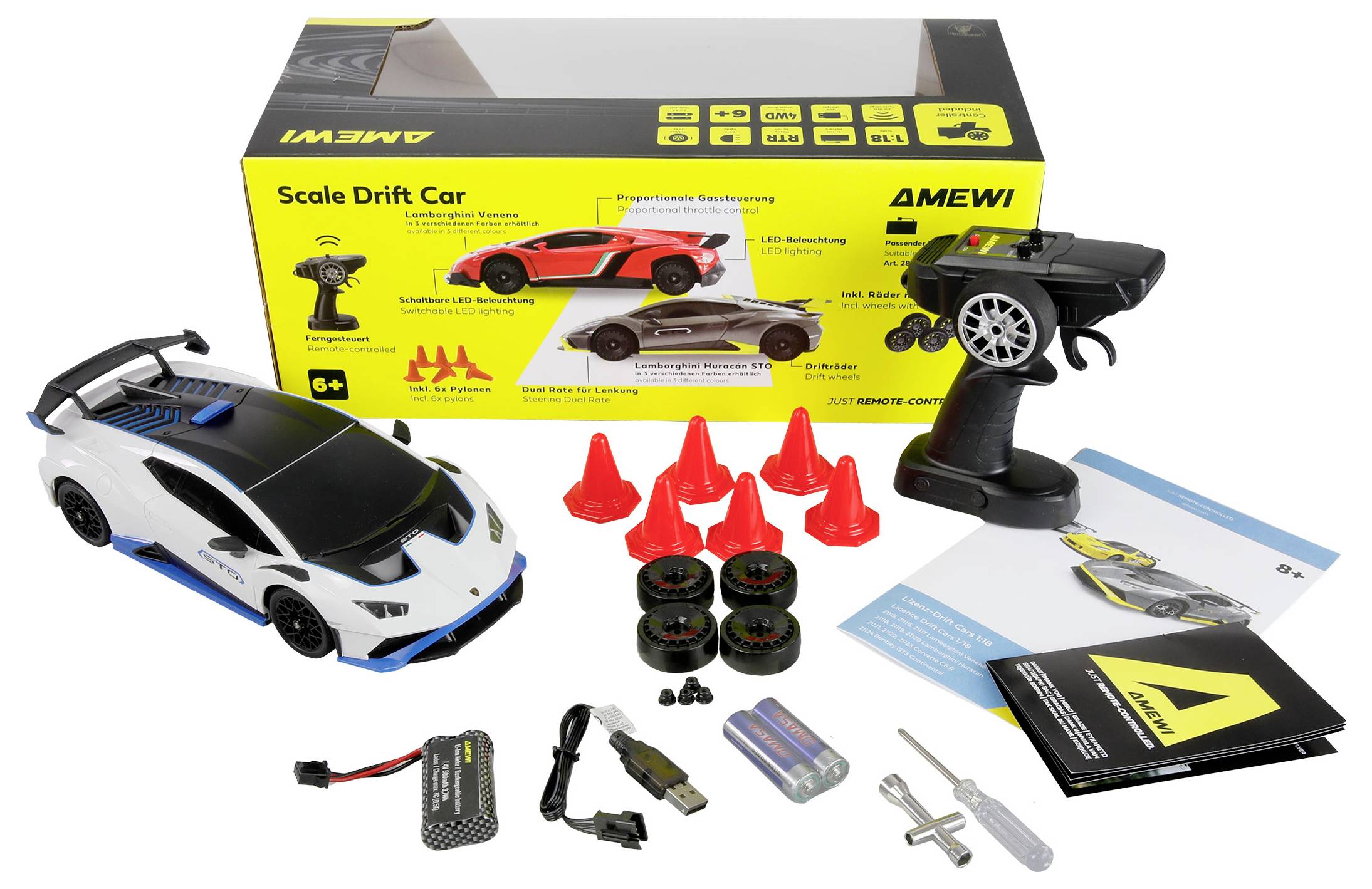 'Remote control drift car set' includes a white and blue car, controller, cones, extra tires, charger, battery, and tools.