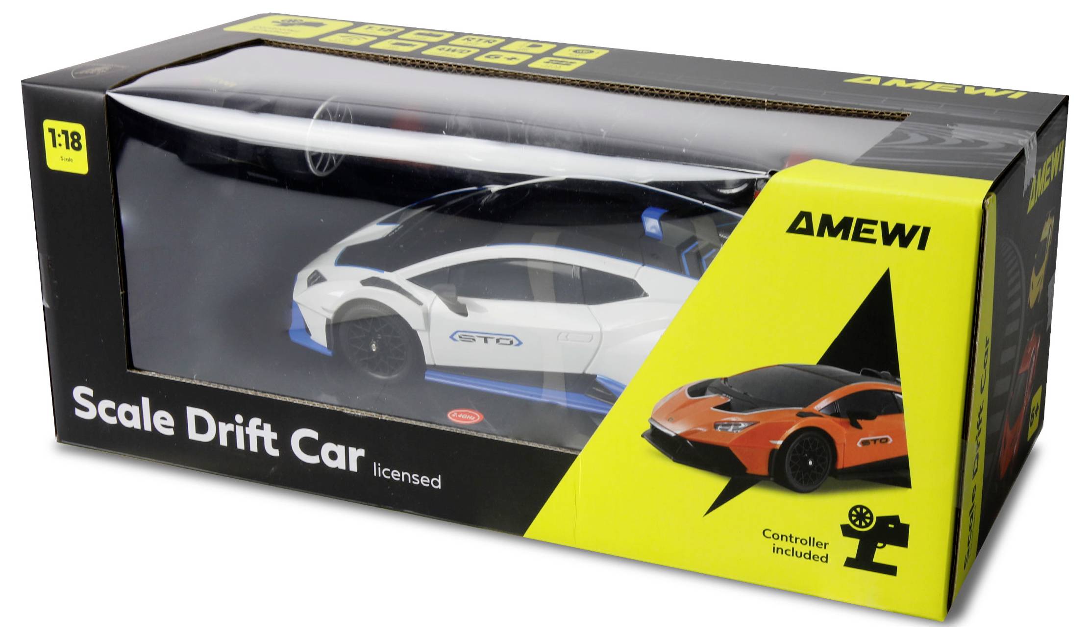 'AMEWI Scale Drift Car' toy package showing a white and blue toy car with a controller. Box features product and brand logos.