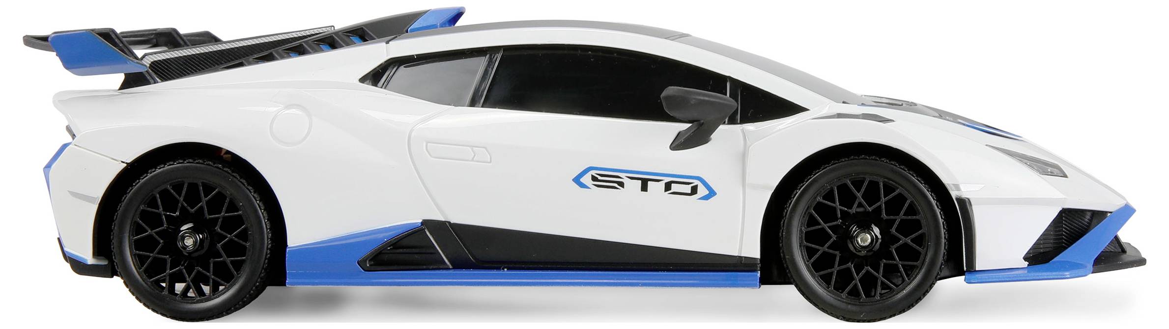 A white sports car with blue accents and 'STO' branding on the side, featuring a sleek design and aerodynamic elements, viewed from the side.