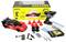 RC car set includes a red drift car, remote control, extra tires, cones, charger, batteries, and instructions, shown in packaging.