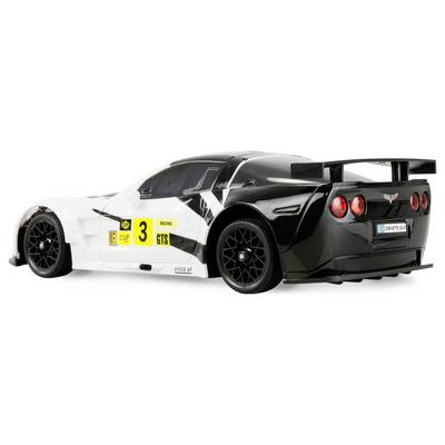 A black and white racing car toy with a large rear spoiler and number '3' and 'GTS' on the side, designed for high-speed performance.