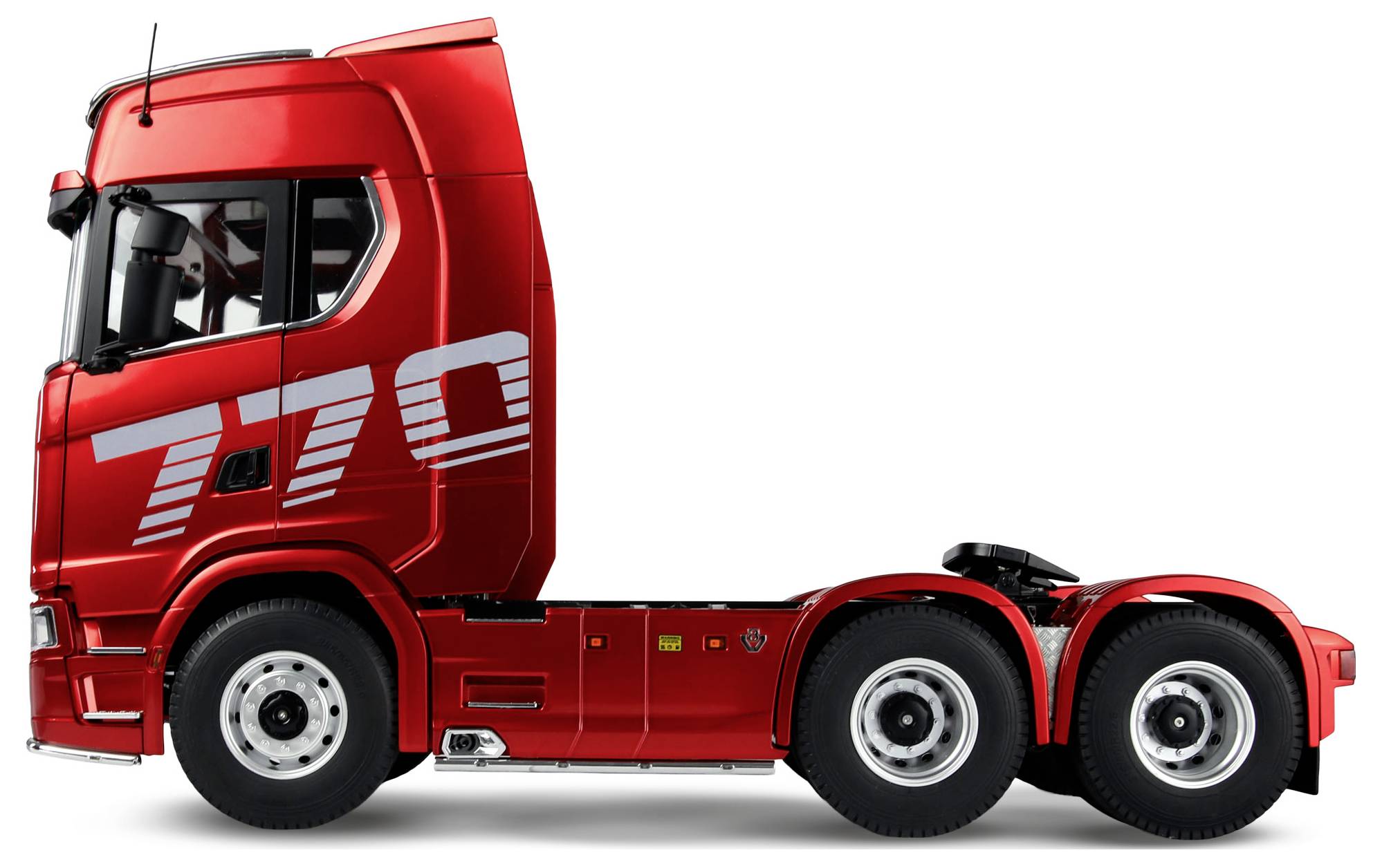 A red semi-truck cab with '770' written on its side features prominently against a white background.