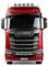 A red Scania semi-truck viewed from the front, showing its distinctive grille, headlights, and elevated roof lights.