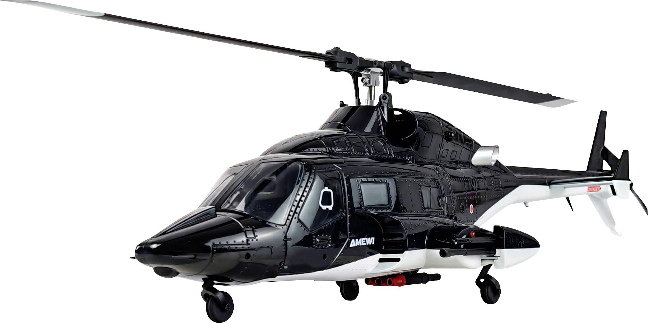 A black toy helicopter with a sleek design, displaying detailed rotor blades and side markings.
