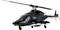 A black toy helicopter with a sleek design, displaying detailed rotor blades and side markings.