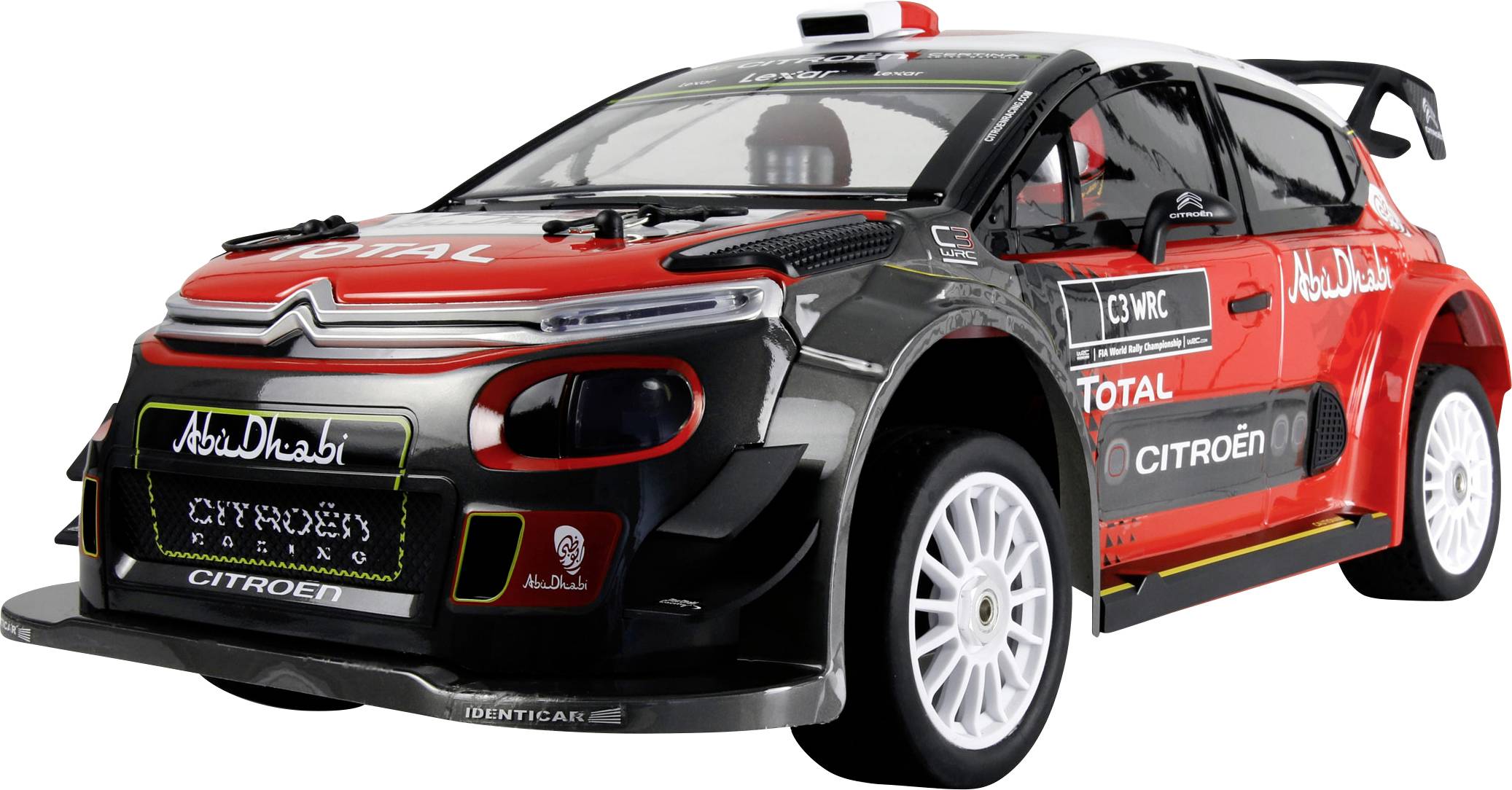 A red and black Citroën rally car model with Abu Dhabi and Total branding on the side, designed for toy racing enthusiasts.
