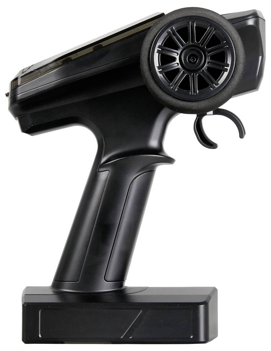 A black handheld remote control with a large wheel on the right side, possibly for operating an RC vehicle.