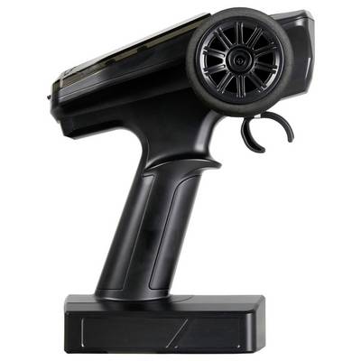 A black handheld remote control with a large wheel on the right side, possibly for operating an RC vehicle.