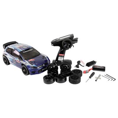 A blue and black Volkswagen toy car kit, including remote control, extra wheels, battery pack, USB charger, and a small tool set.