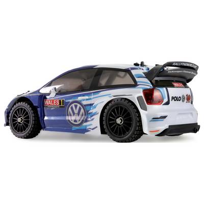 A blue and white model rally car with 'WALES 1' and 'POLO R WRC' decals, featuring a rear spoiler and detailed racing livery.