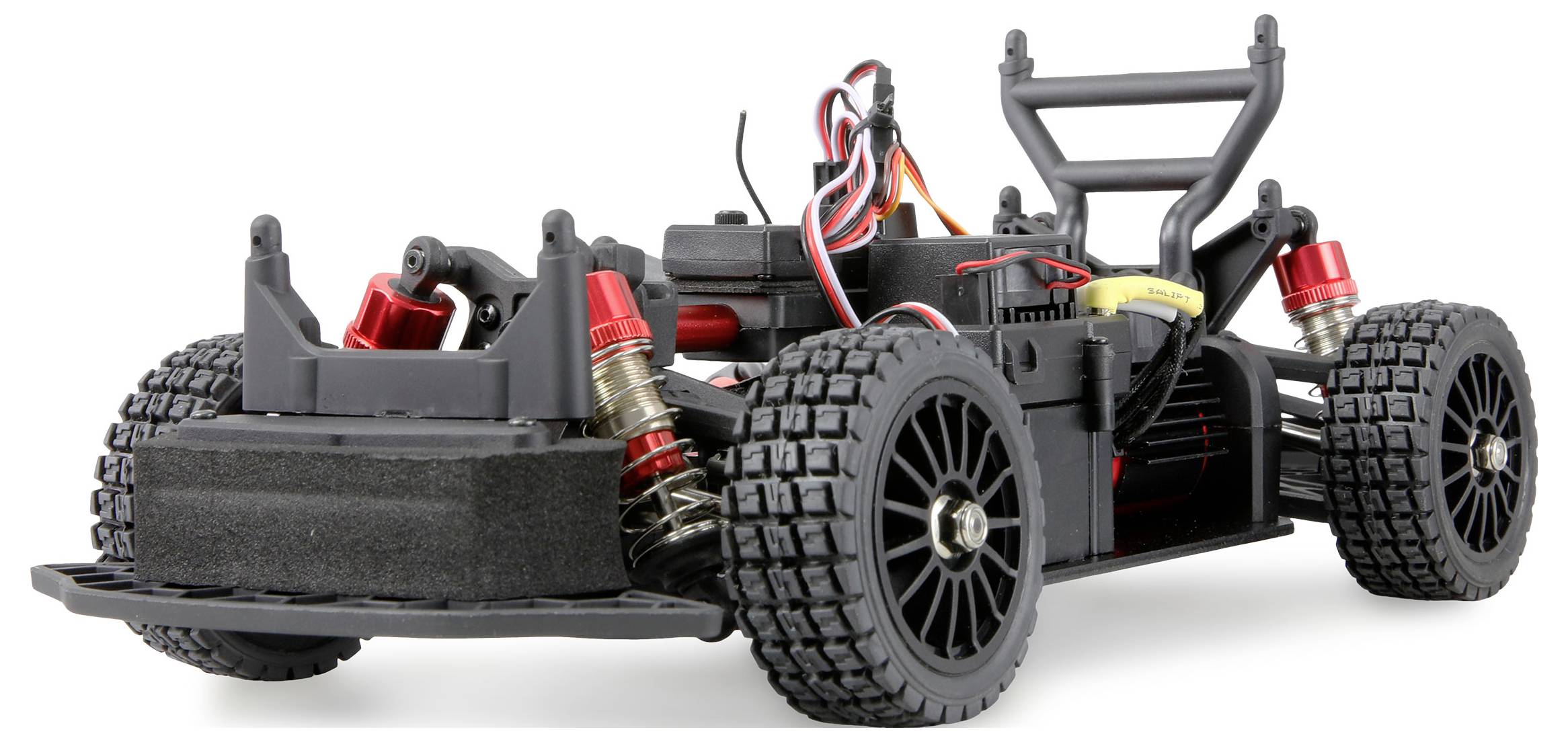 A detailed image of a remote-controlled car chassis showing wheels, suspension, and wiring, illustrating structural and mechanical components.