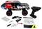 Remote control car set includes a red and black model vehicle, controller, battery pack, charger, springs, tools, and a manual.