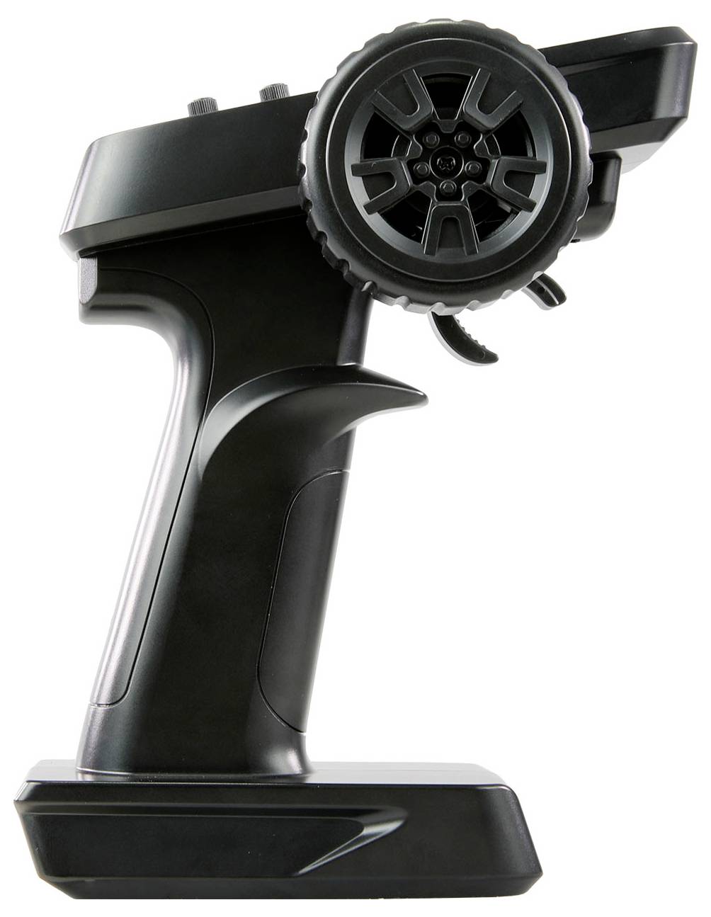 'A black handheld remote control with a wheel on the side, likely for steering, and a trigger on the grip, used for operating remote vehicles.'