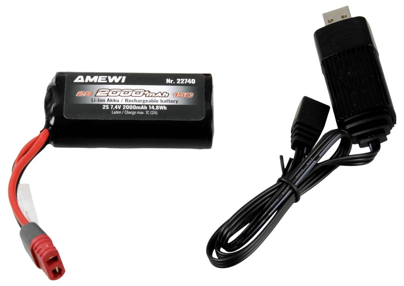 Rechargeable battery and USB charging cable; battery capacity is 2000mAh, labeled 'Amewi', suitable for electronic devices.