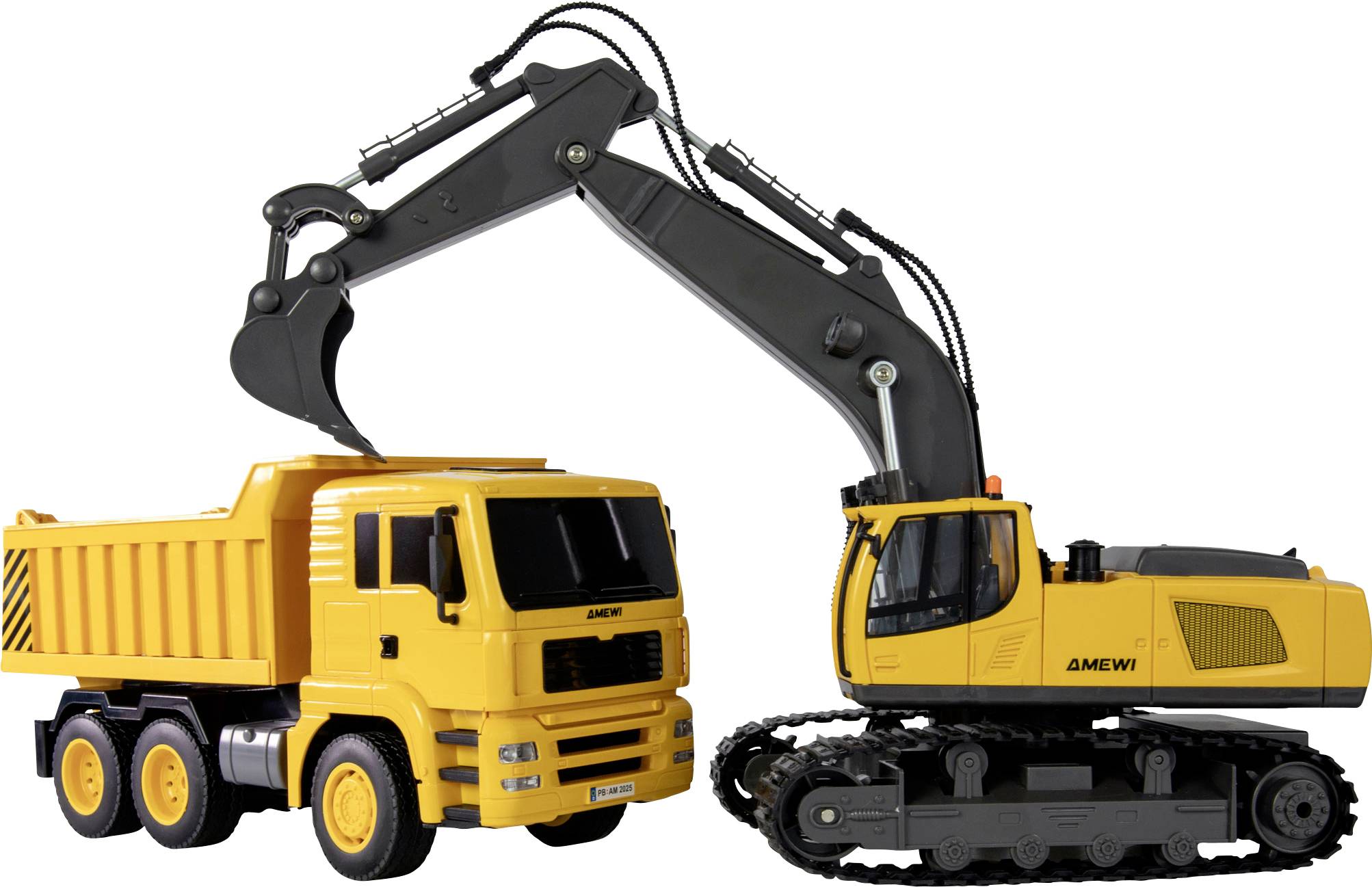 'Yellow excavator loading a yellow dump truck. Both vehicles are side by side, with the excavator's arm extended over the truck.'
