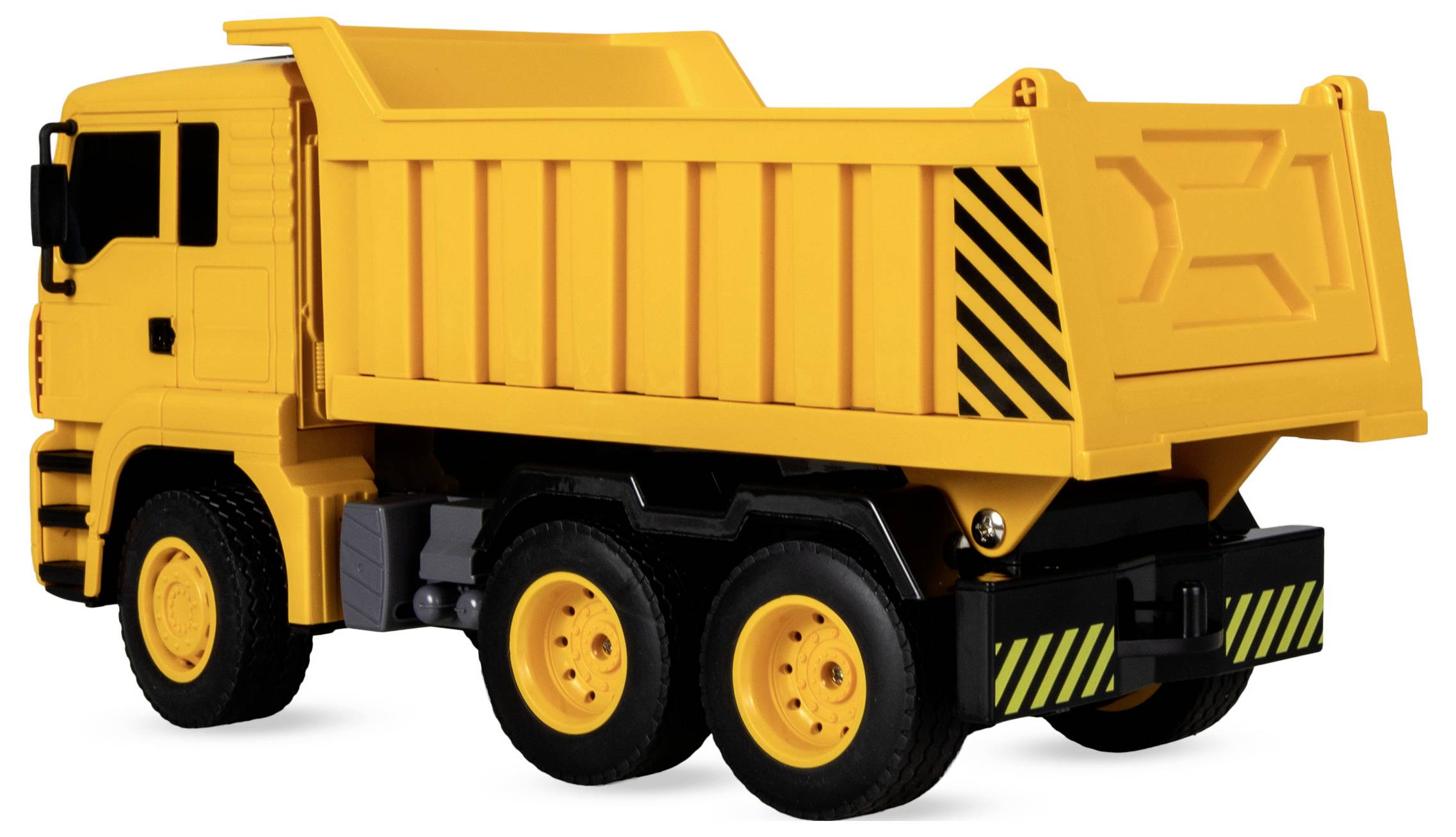 A bright yellow toy dump truck with black stripes on the rear, featuring six wheels and detailed cab design, is shown on a white background.