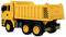 A bright yellow toy dump truck with black stripes on the rear, featuring six wheels and detailed cab design, is shown on a white background.