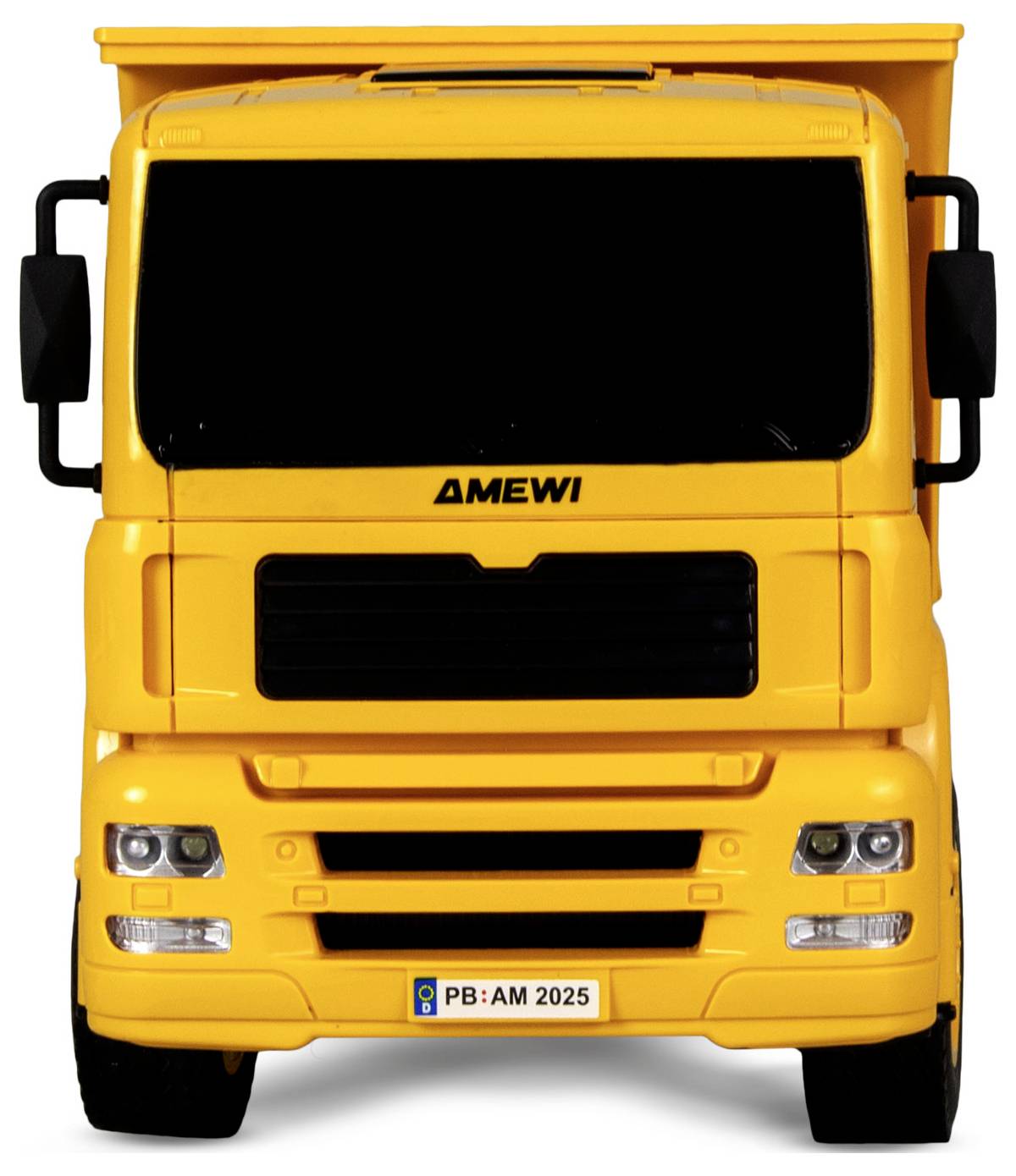 A yellow toy truck with 'AMEWI' on the front, featuring a black grill and license plate 'PB:AM 2025'.