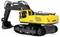 A yellow model excavator with black tracks, labeled 'AMEWI,' featuring a large arm and bucket in a raised position on a white background.