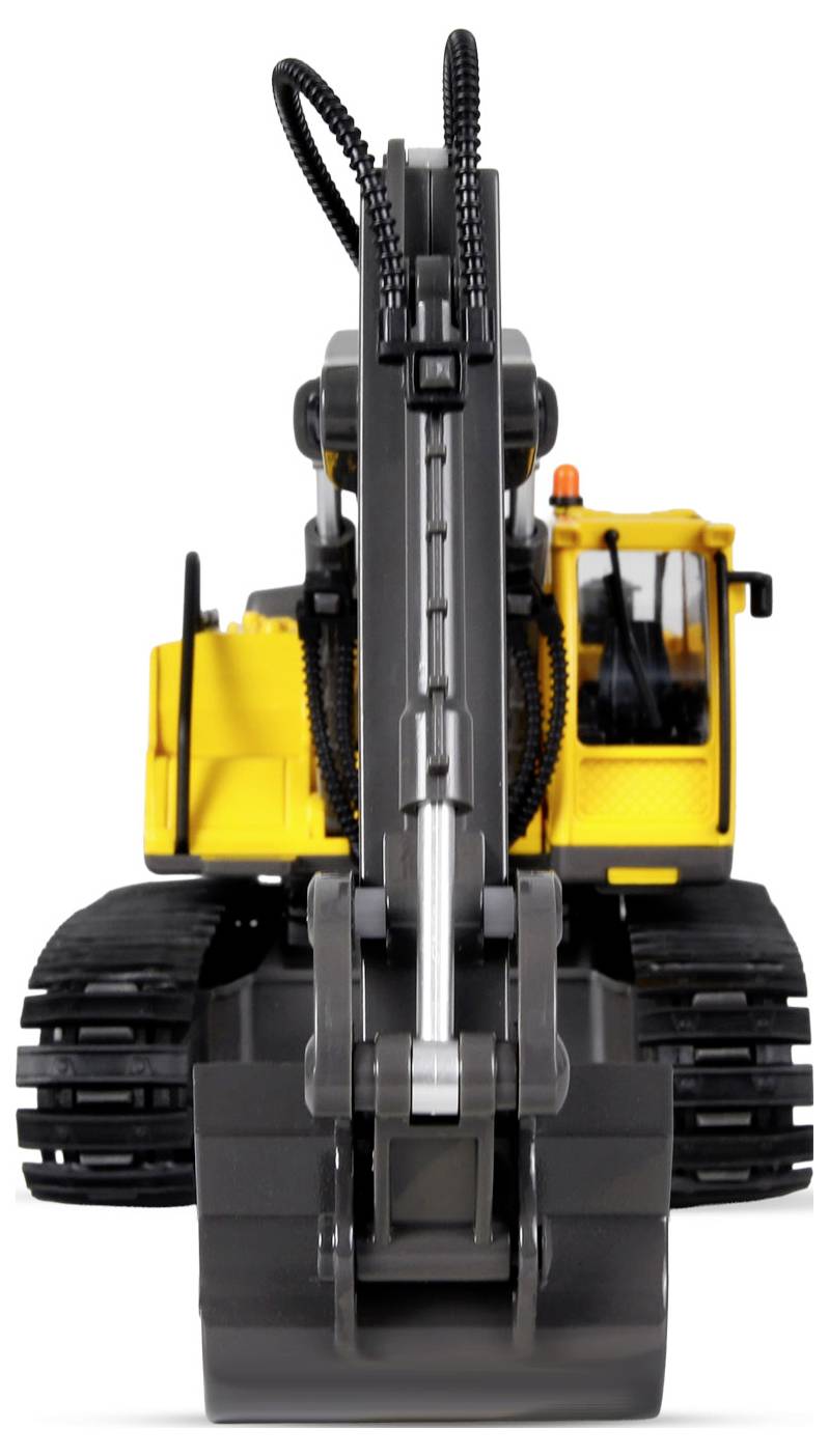 Front view of a yellow and black excavator with a large digging arm and tracks, illustrating heavy machinery design and function.