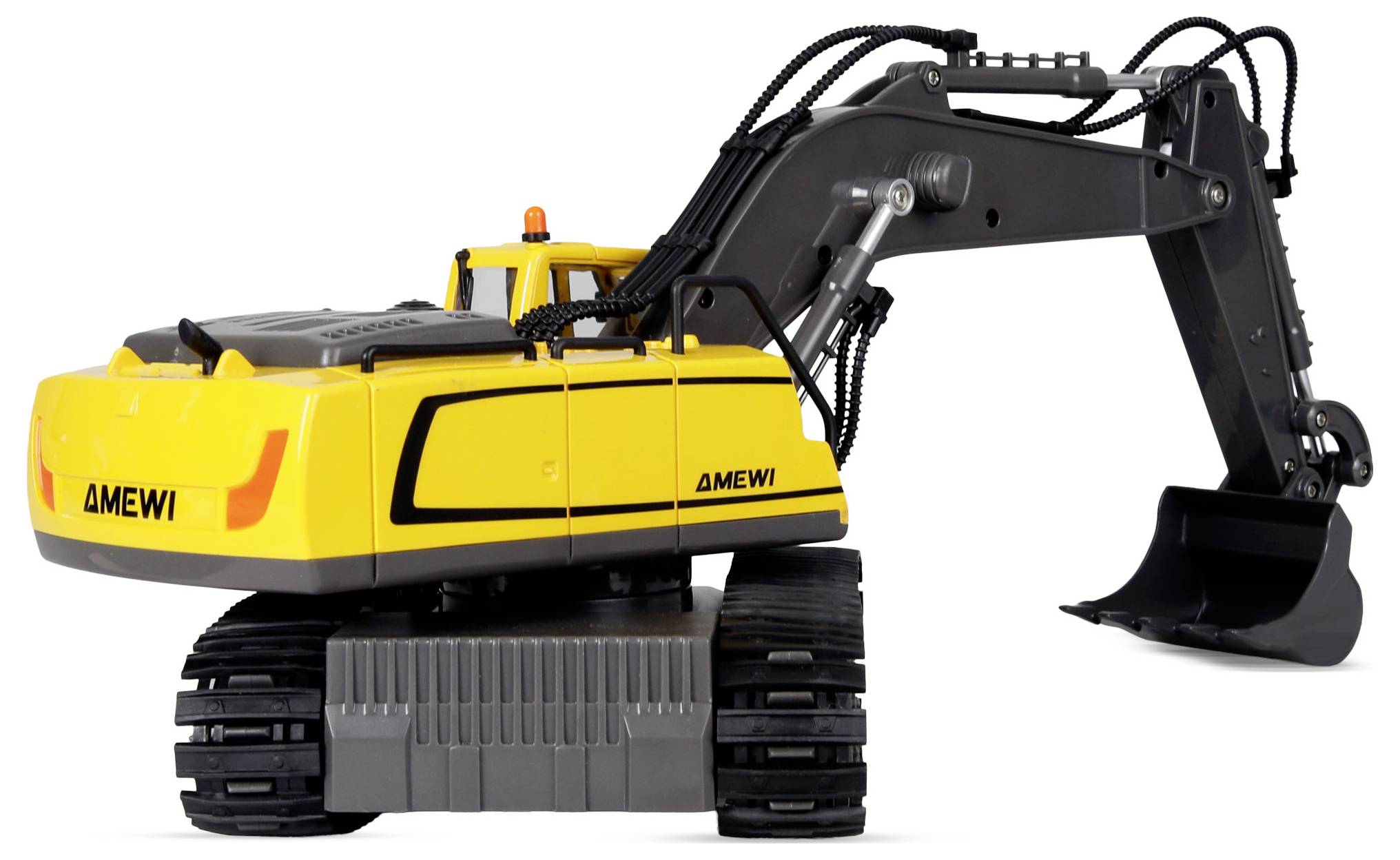 Yellow and black toy excavator model with a realistic design, shown from the side. Features a movable arm and treaded tracks.