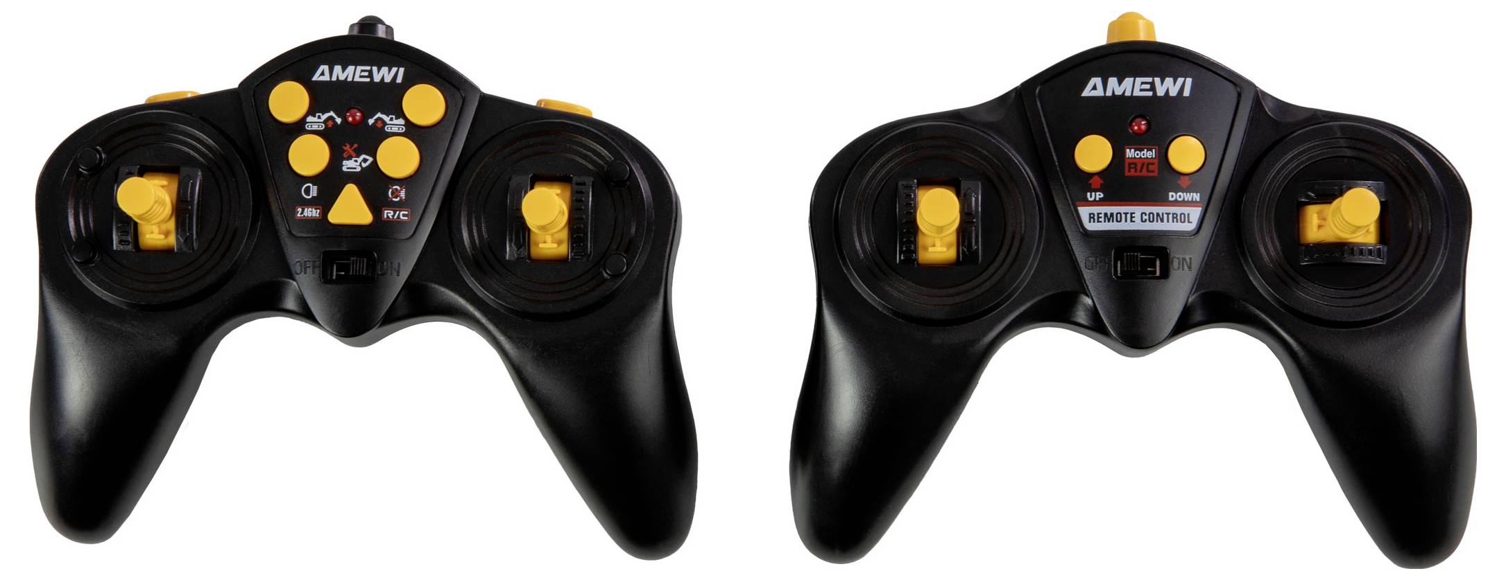 'Two black remote controllers with yellow joysticks and buttons; one labeled AMEWI on a digital screen and button layout visible.'