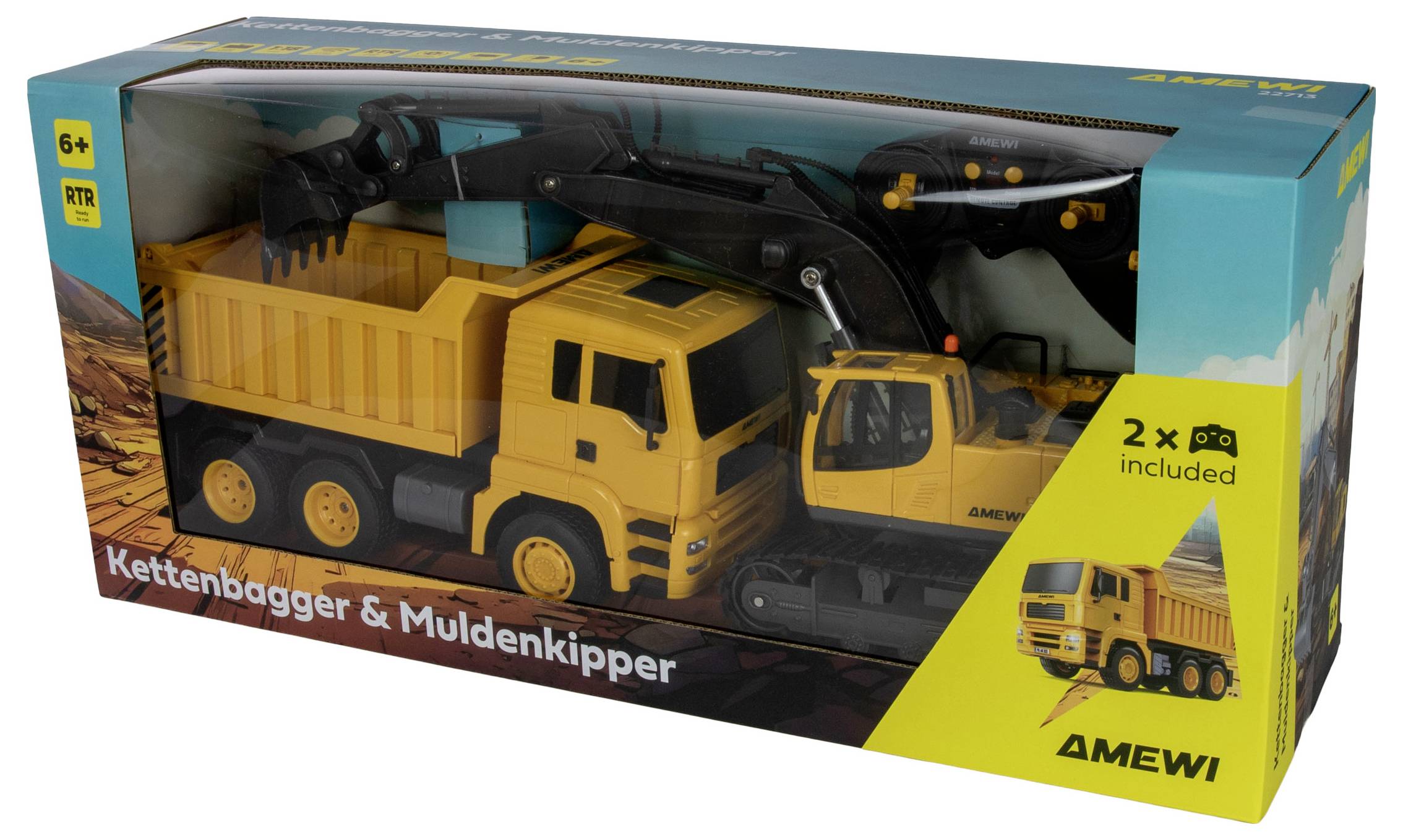 Toy set with a yellow excavator and dump truck in a box labeled 'Kettenbagger & Muldenkipper'. Suitable for ages 6 and up.