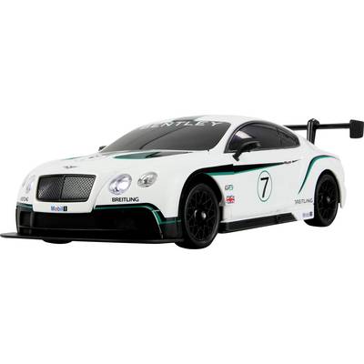 A white racing car with 'Bentley' branding, number seven on side, black rims, and multiple sponsor logos, viewed from the front left angle.