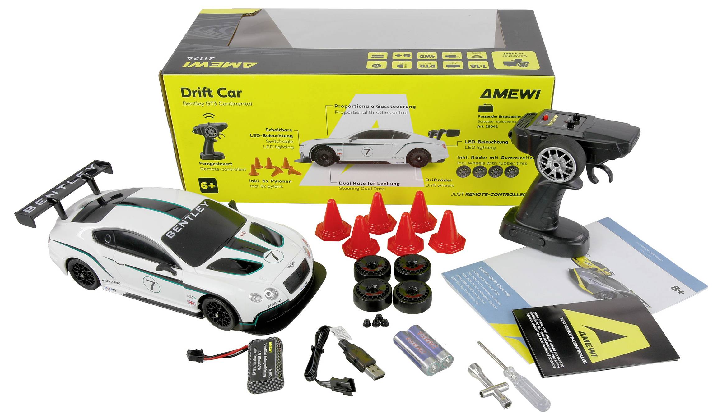 'RC Drift Car set' includes a white toy car with remote, charger, spare wheels, red cones, instruction manuals, and batteries.