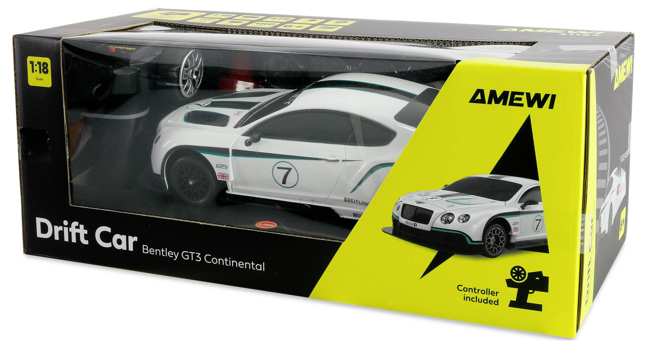 A boxed 1:18 scale model of a Bentley GT3 Continental drift car, white with green and black accents. Packaging notes 'Controller included'.
