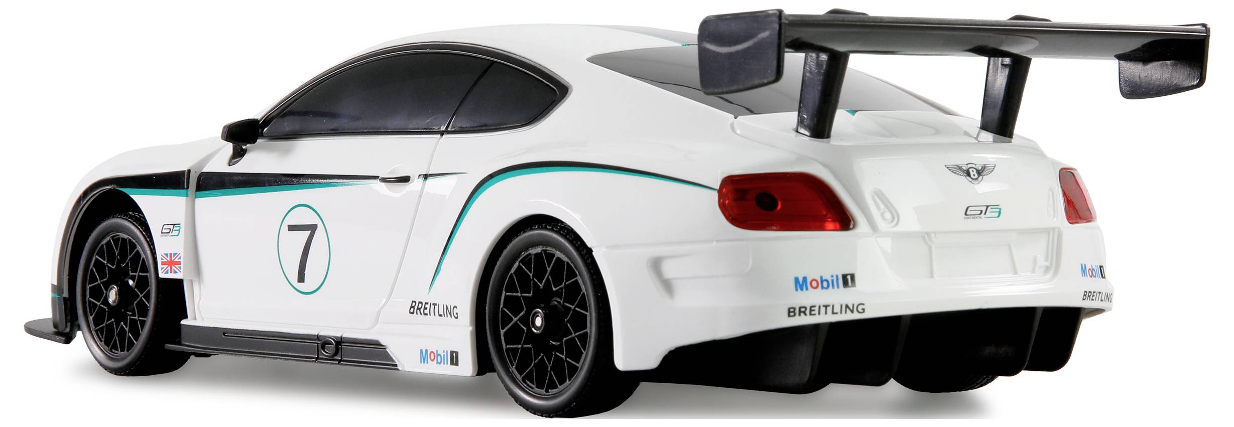 A white race car model with a large rear spoiler, number '7', and branding logos on the side and back, displayed on a white background.