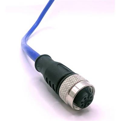 A blue cable with a metallic circular connector featuring multiple pins.