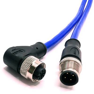 Two connected blue cables with black connectors, one with 4-pin socket and the other with 4-pin plug, used for electronic devices.