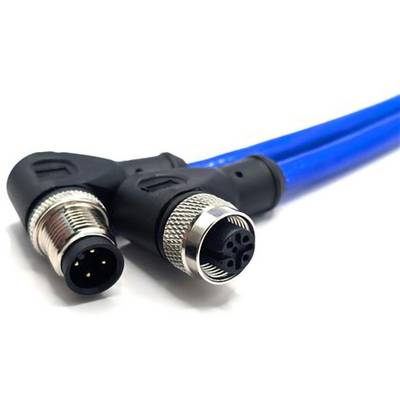 Close-up of two industrial connectors with blue cables; one features a 3-pin design and the other a 4-socket design on a white background.
